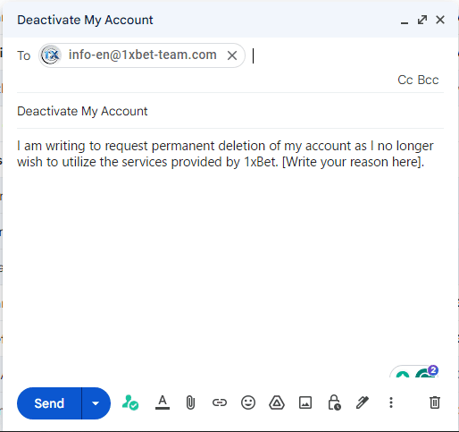 1xbet email account deletion