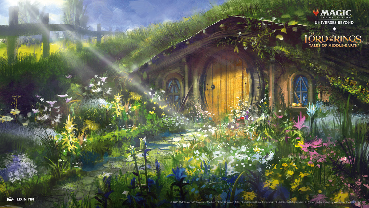 Art from Magic: The Gathering The Lord of the Rings: Tales of Middle-earth. The image shows&nbsp;a tranquil scene of the Shire. Flowers are blooming and the sun shines.