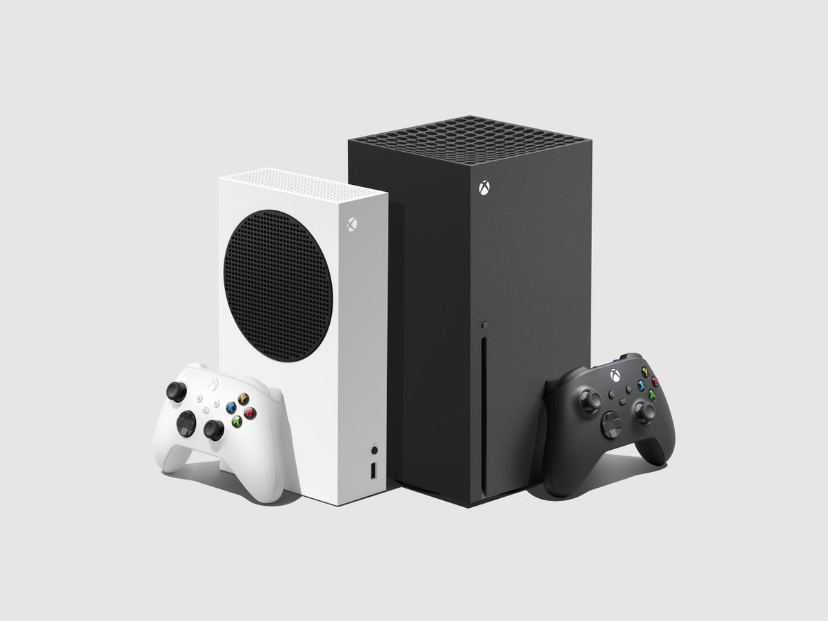 a product render showing an angle view of the Xbox Series S standing vertically with a controller standing against it, to the left of an Xbox Series X standing vertically with a controller standing against it