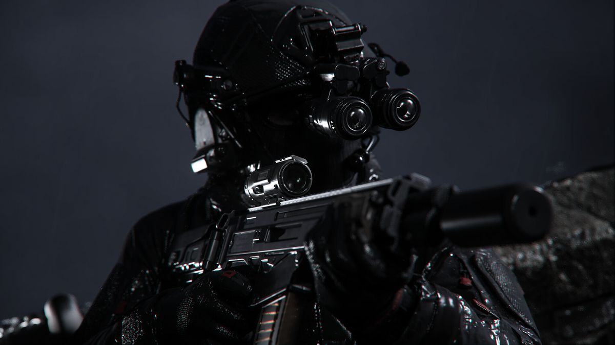 A member of Task Force 141 with night-vision goggles looks down the sight of their assault rifle in Call of Duty: Modern Warfare 3