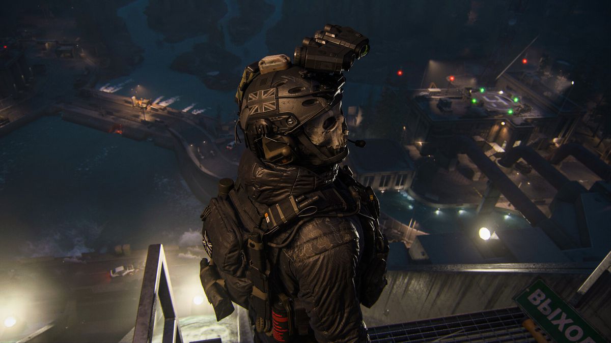 Ghost stands above an enemy facility at night, and looks over his shoulder toward the camera in Call of Duty: Modern Warfare 3