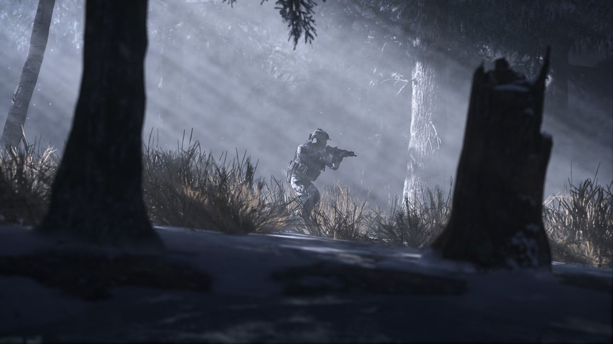 Captain Price sneaks through a forested area at night in an open-world campaign mission in Call of Duty: Modern Warfare 3
