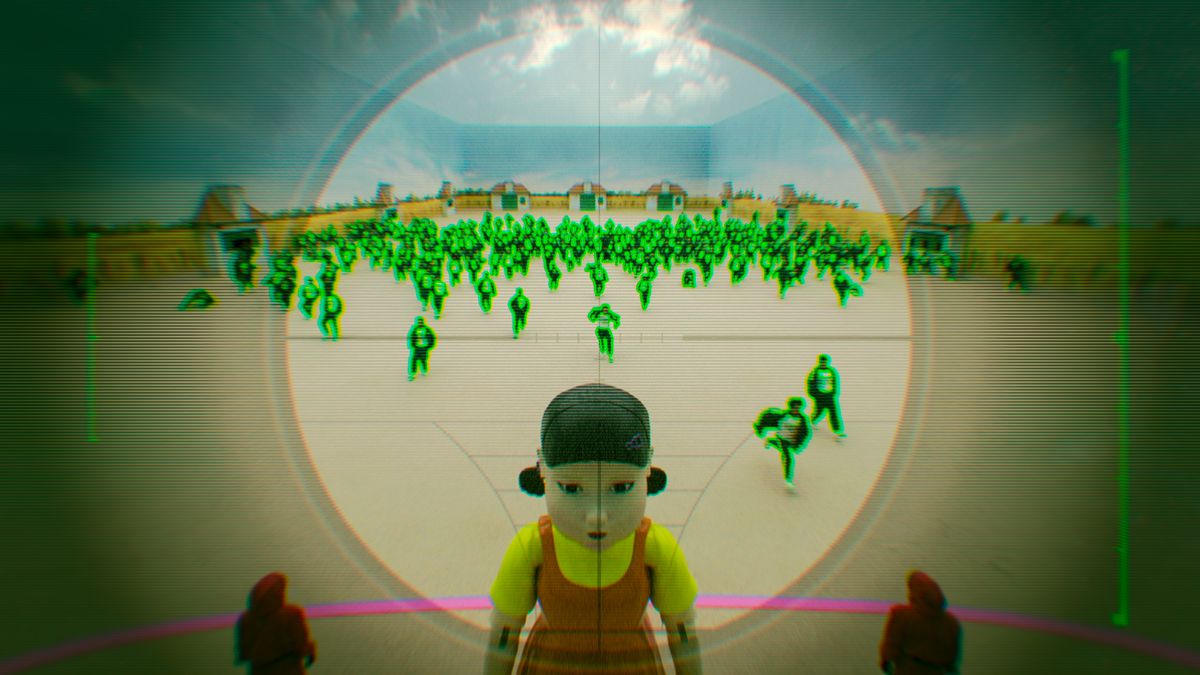 The big doll from Squid Game as seen through a targeting camera, with contestants highlighted in green behind her