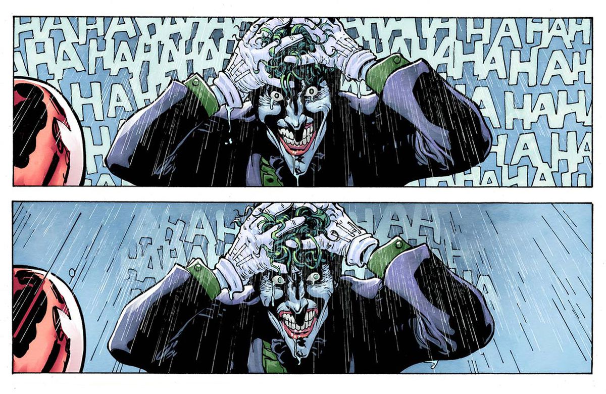 The Joker laughs, with his hands to his head, in an homage to The Killing Joke, in a second panel his laughter dies away and his eyes look to the side.