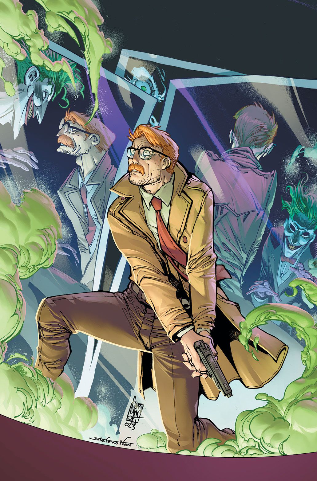Jim Gordon faces off against the Joker in a house of mirrors — some of the mirrors reflect two Jokers instead of Jim and the Joker. Gordon has a pistol gripped in both hands. 