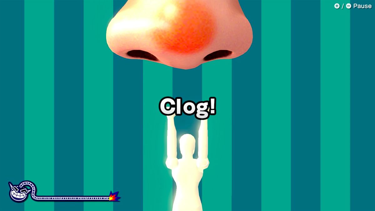 A screenshot from a WarioWare: Move It! microgame with a player character’s arms pointing upward toward a disembodied giant nose, with the prompt “Clog!” onscreen