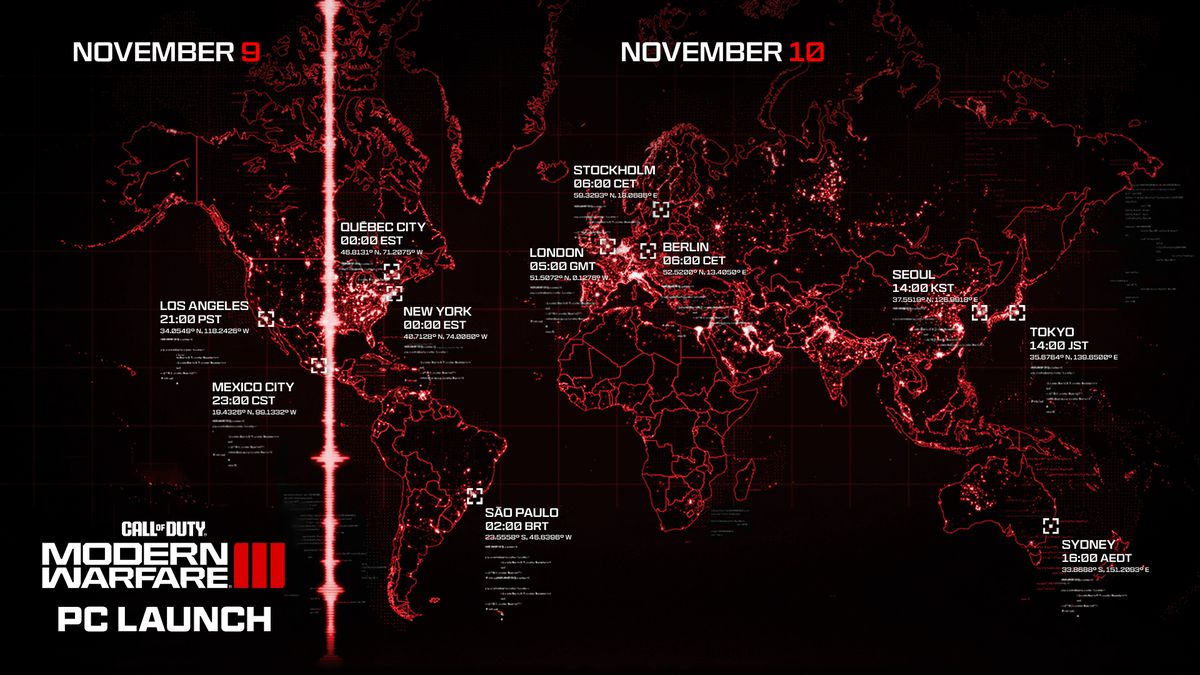 A map shows the PC release times for Call of Duty: MW3.