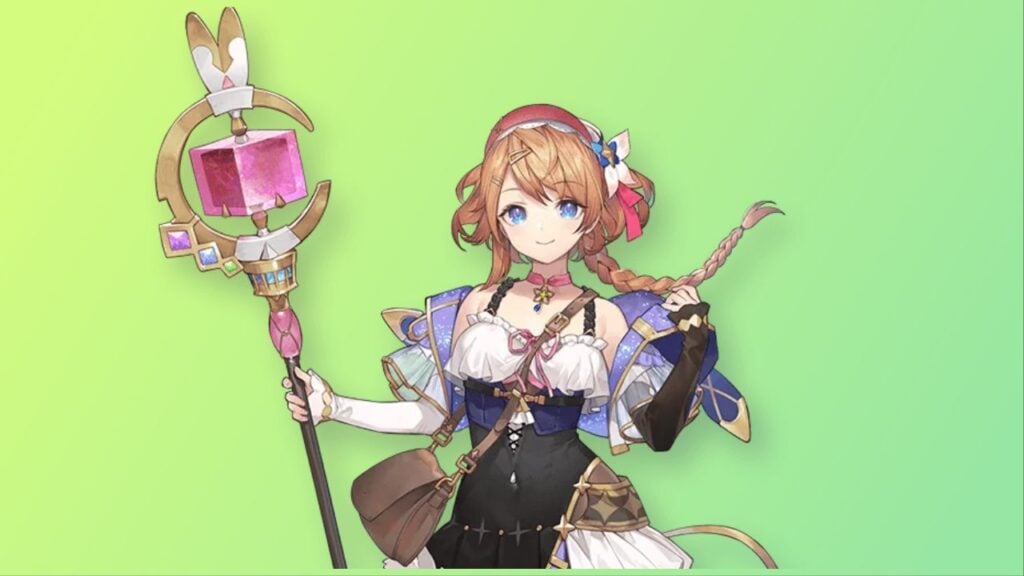 feature image for our atelier resleriana global release news, the image features promo art of resleriana as she touches her shoulder while smiling, her plait blowing in the breeze, and her staff in her other hand