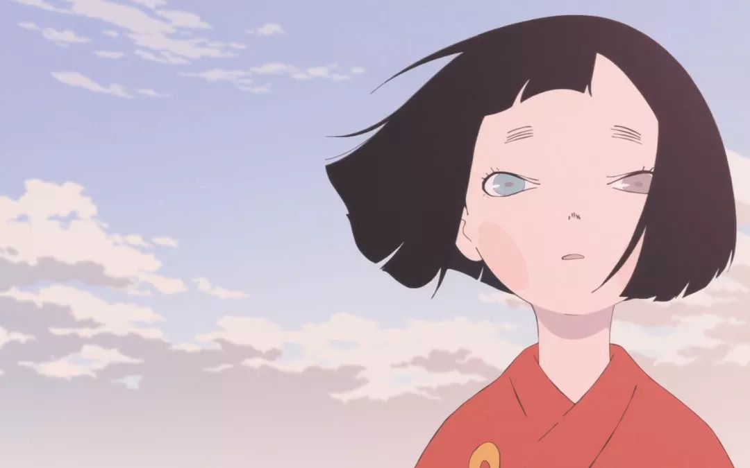 Biwa dressed in an orange kimono standing in front of a cloudy sky in The Heike Story.