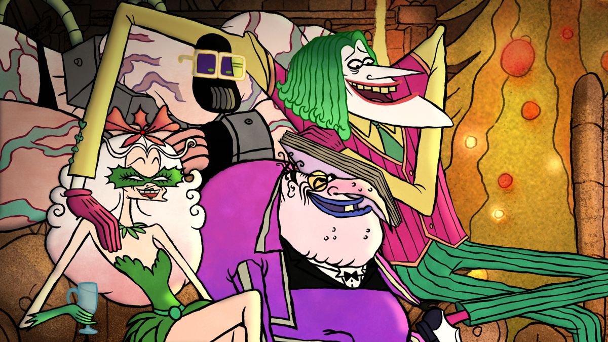 Gangly versions of Poison Ivy, Penguin, and The Joker celebrate Christmas in Merry Little Batman