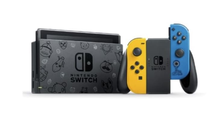 Fortnite-themed Nintendo Switch blue and yellow joy cons with fortnite characters on dock