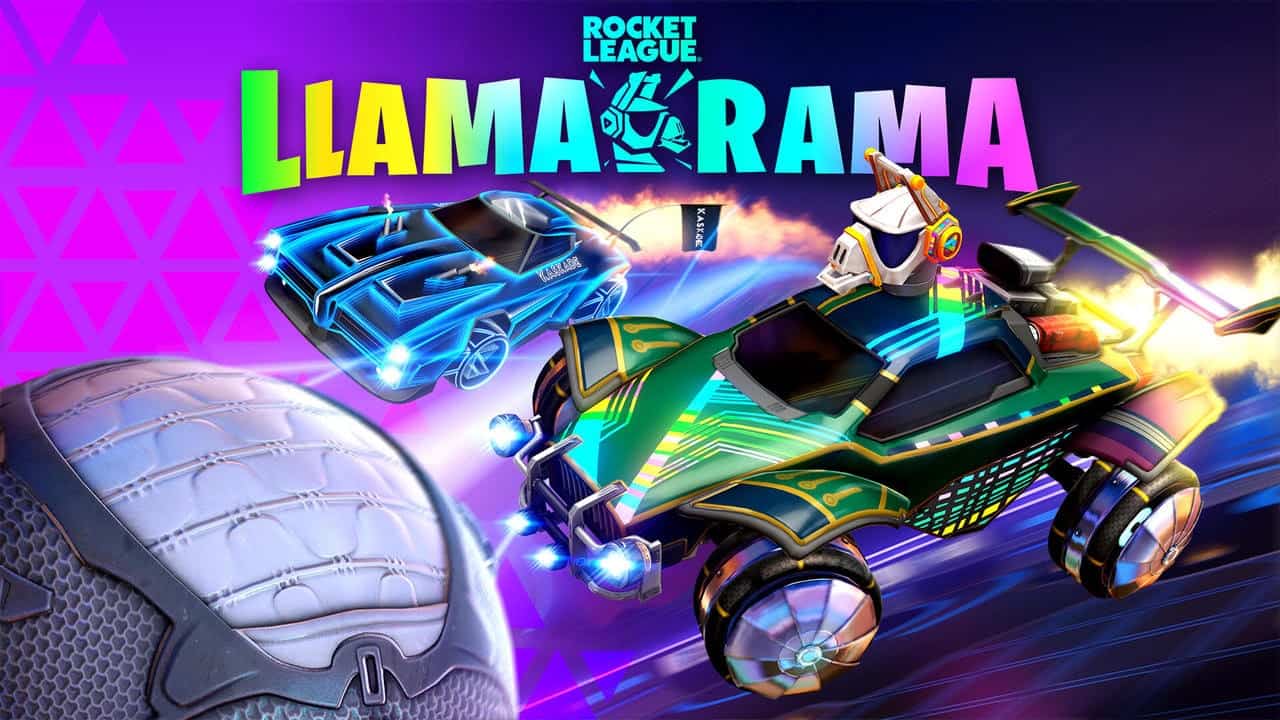 Two flashy cars from Rocket League battle for control over a giant ball on a purple background. Above them are the words "Rocket League Llama Rama."