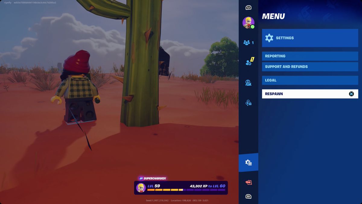 Lego Fortnite menu with the respawn option highlighted