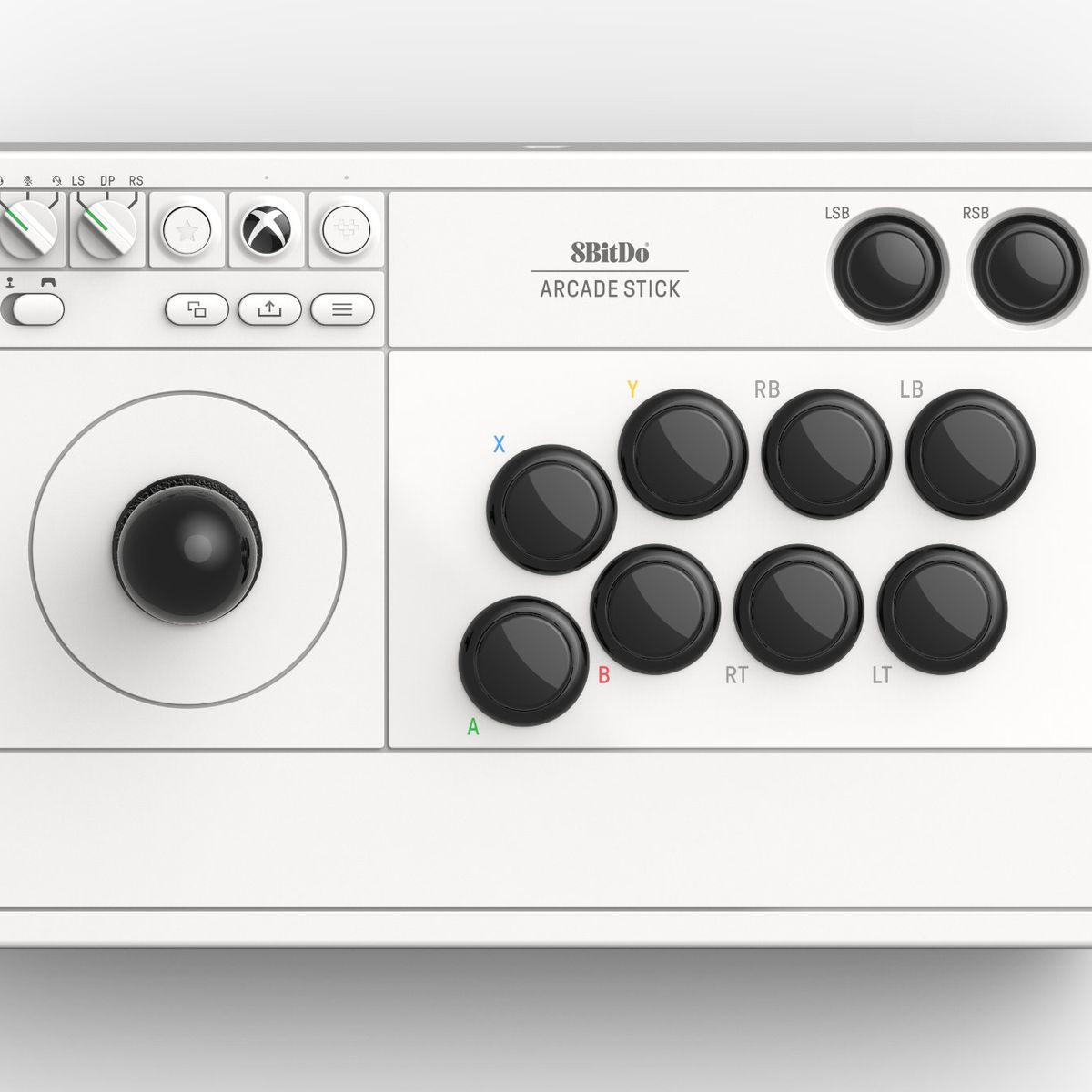The white 8BitDo Arcade Stick for Xbox with black buttons.