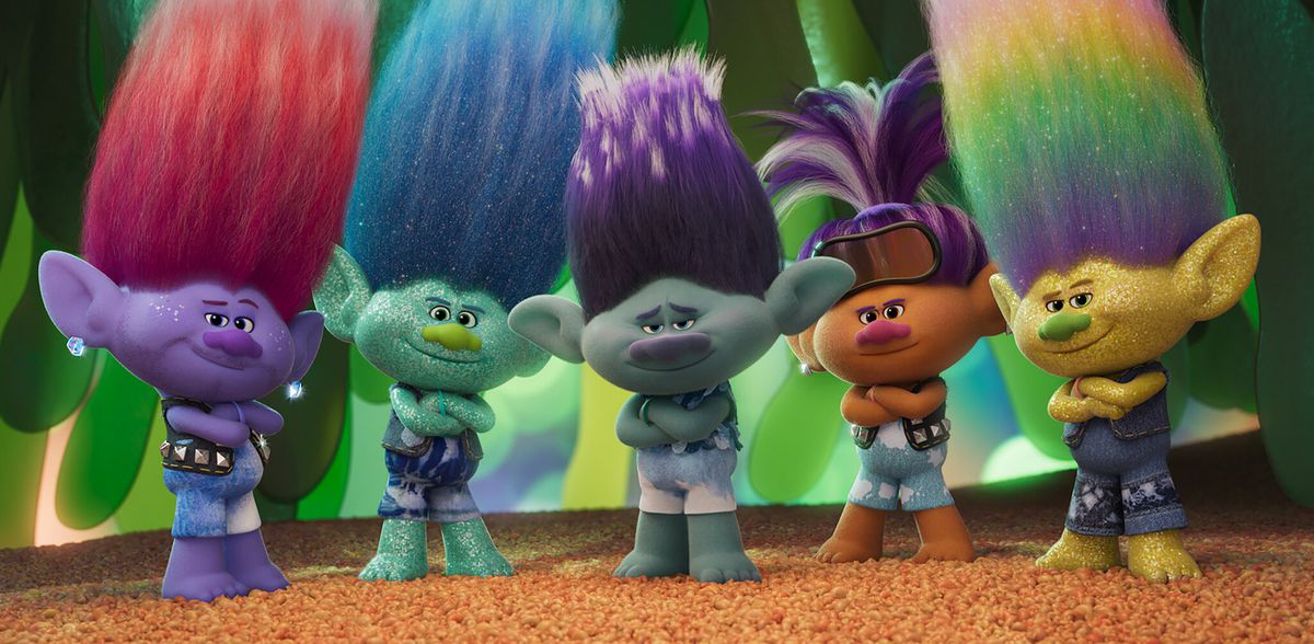 (L-R) Ablaze (voiced by Joey Fatone), Hype (JC Chasez), Branch (Justin Timberlake), Trickee (Chris Kirkpatrick) and Boom (Lance Bass) in Trolls Band Together