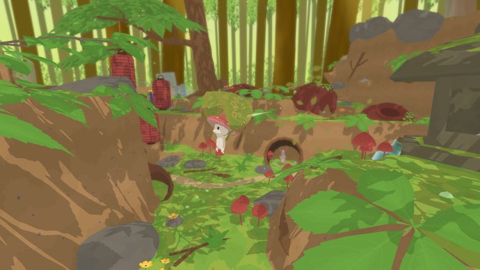 A screenshot from Smushi Come Home. A little mushroom person stands on the ground of an illustrative-style forest. The whole scene is very green and brown.