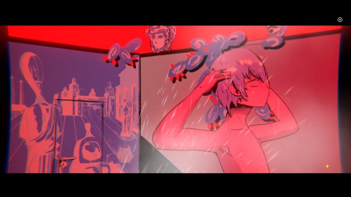 A highly stylised illustration from Mediterranea Inferno showing a young man, Claudio, washing his hair in the shower. The image is bathed in an unnatural red light, and cactus branches can be seen creeping over the top of the cubicle.