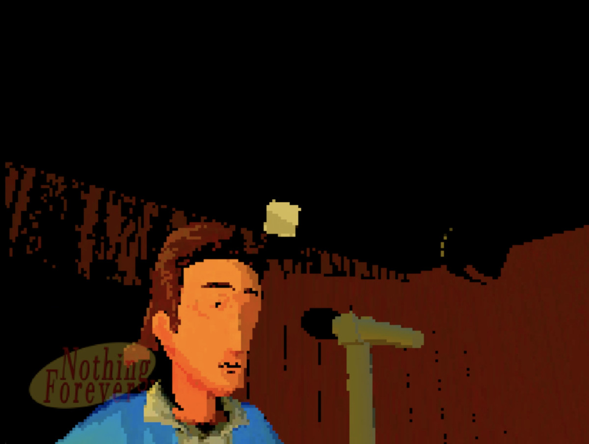 An image of a Jerry Seinfeld-esque character. The character is rendered in chunky 3D pixels and there is a feint watermark in the bottom left corner that says, “Nothing Forever.”