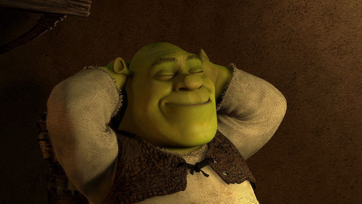 Shrek, hands behind his head, with a relaxed smile and closed eyes