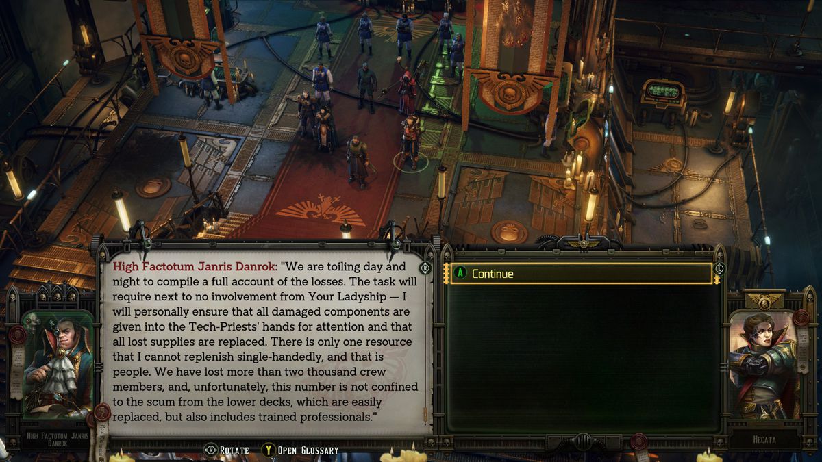 The Rogue Trader and her party speak to a ranking official in a hall on a voidship in Warhammer 40K: Rogue Trader