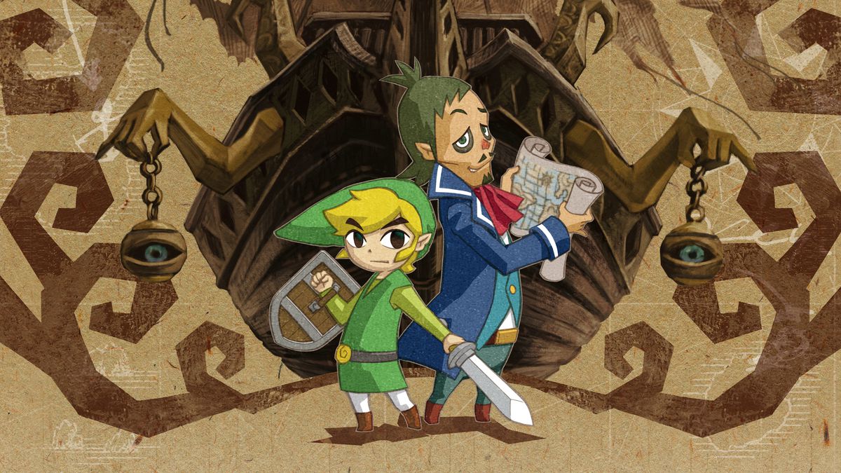 A young, cartoony Link and a suspicious looking pirate guy, holding a map, stand in front of artwork depicting a spooky ship