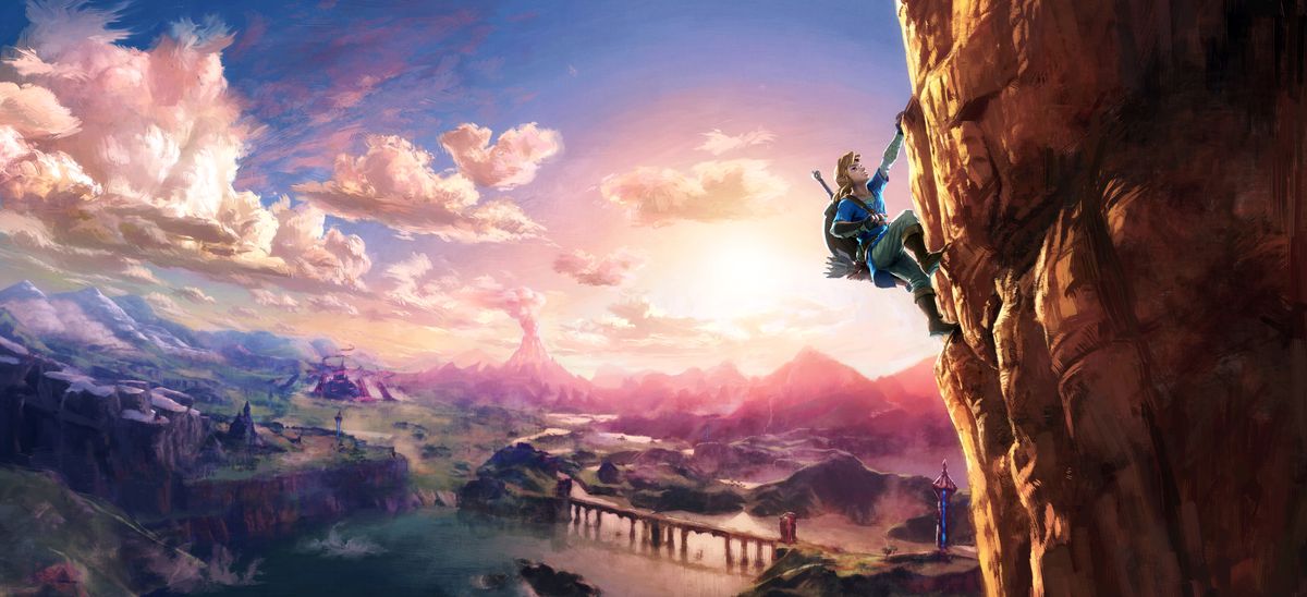 Link climbs a cliff in the foreground, while the landscape of Zelda: Breath of the Wild’s Hyrule stretches out panoramically below