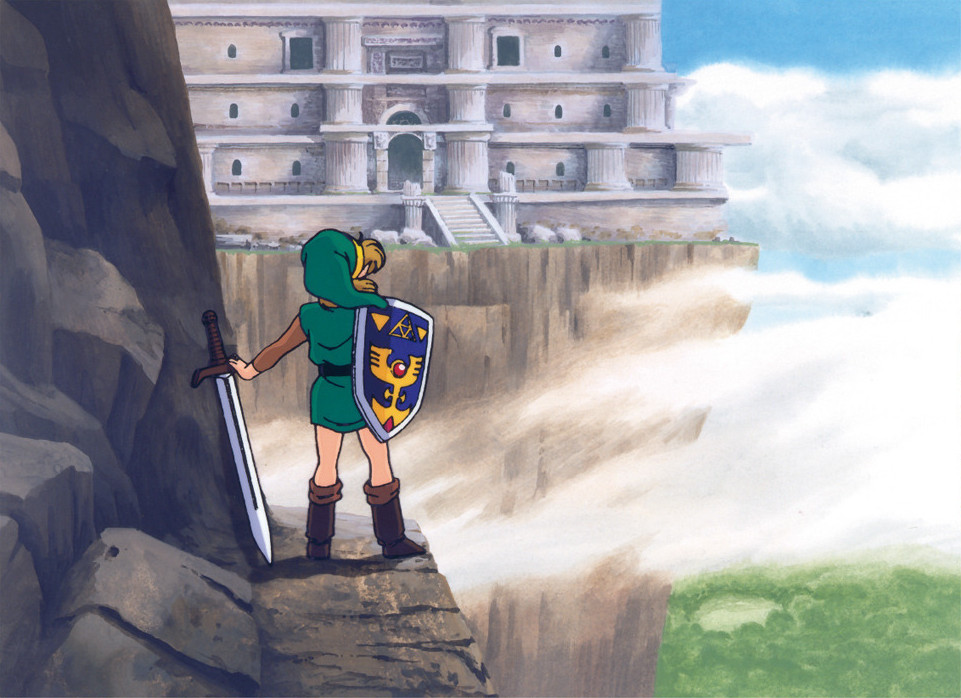 Link stands on a cliff, hand resting on his sword, and looks toward a huge temple in the distance