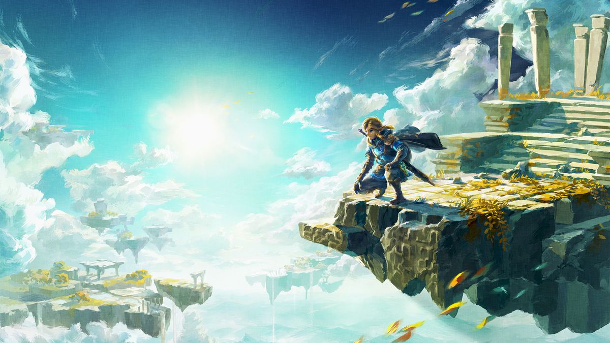 Link squats at the edge of a Sky Island and looks out over Hyrule in Zelda: Tears of the Kingdom