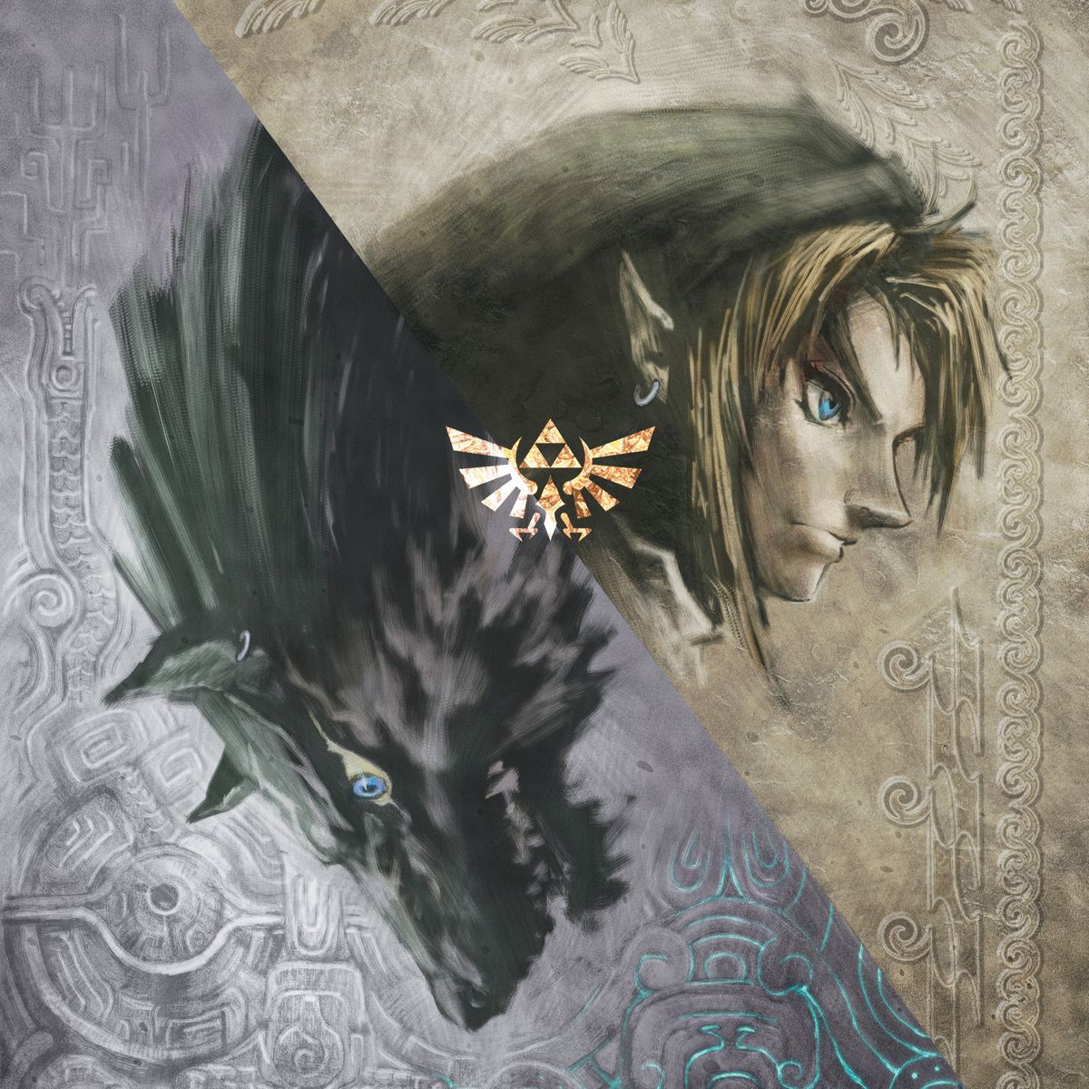 Artwork showing Link’s head and that of a fierce wolf divided by a diagonal line with a Triforce logo in the center