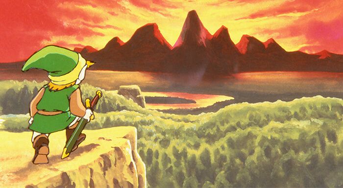 A hand drawing of Link kneeling and looking down on a wild landscape with the sun setting behind mountains