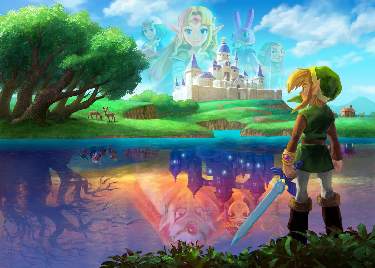 Link faces Hyrule castle across a lake. Reflected in the lake surfaces is a dark version of the castle