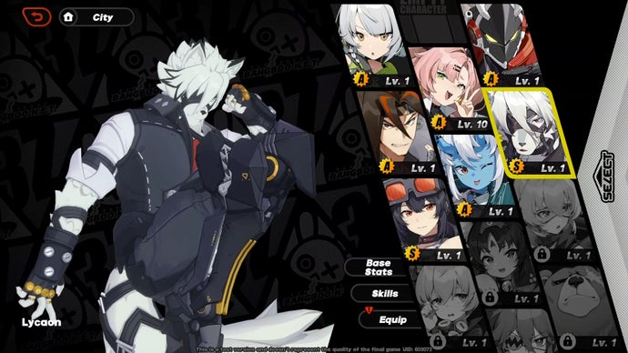 character selection menu with ycaon shown on the left, who is a humanoid white wolf