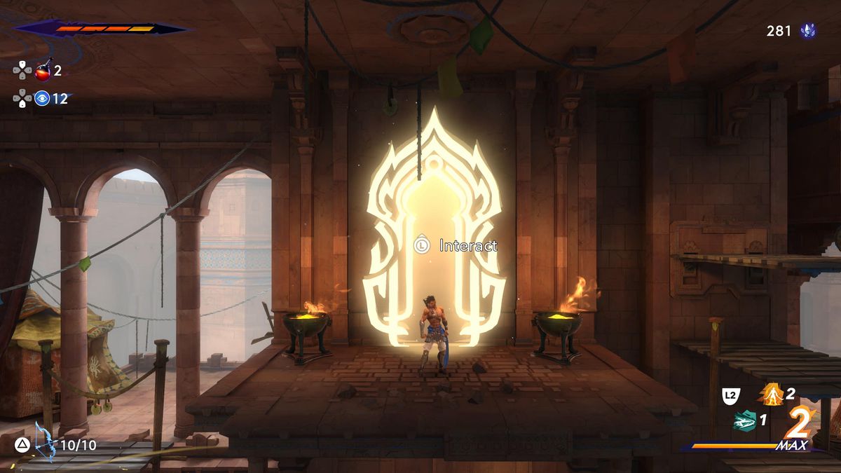 Sargon stands outside a glowy door to Kaheva’s Forge in Prince of Persia The Lost Crown.