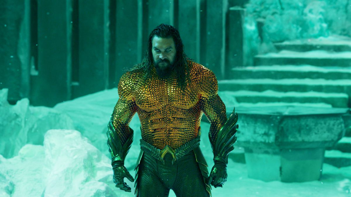 Aquaman looking pissed in his classic gold and green glove costume in The Lost Kingdom