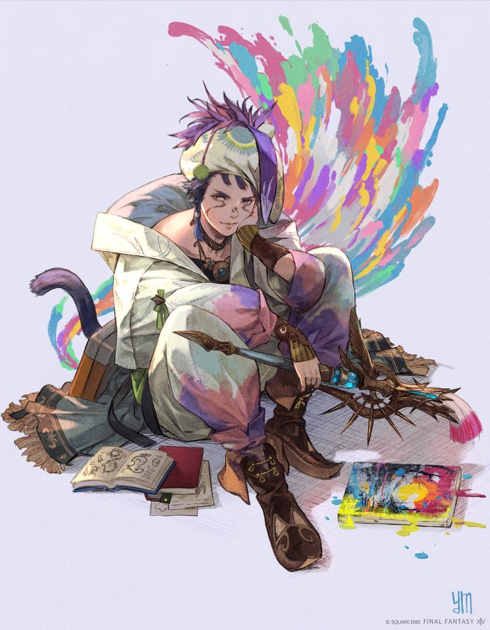 Concept art of Pictomancer sat on the ground with paint splats in FF14
