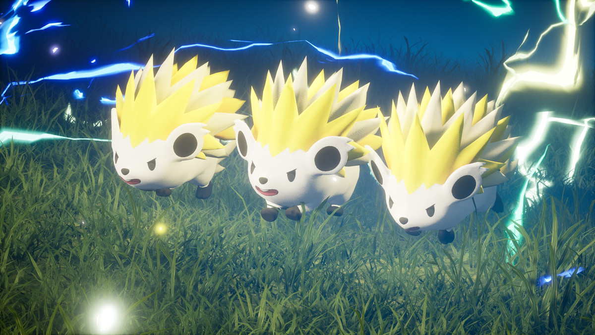 An image of electric hedgehog pals in Palworld. There are three of them and they’re running as eletricity shoots out from them. 