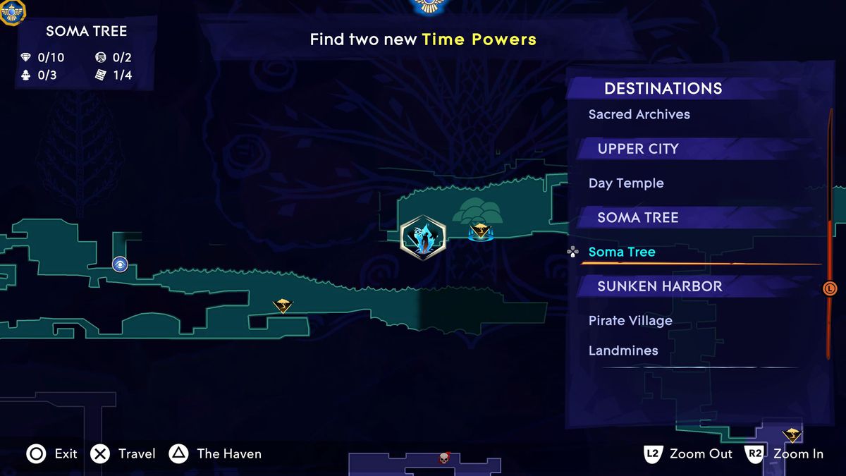 A map shows the location of the Soma Tree fast travel spot in Prince of Persia The Lost Crown.