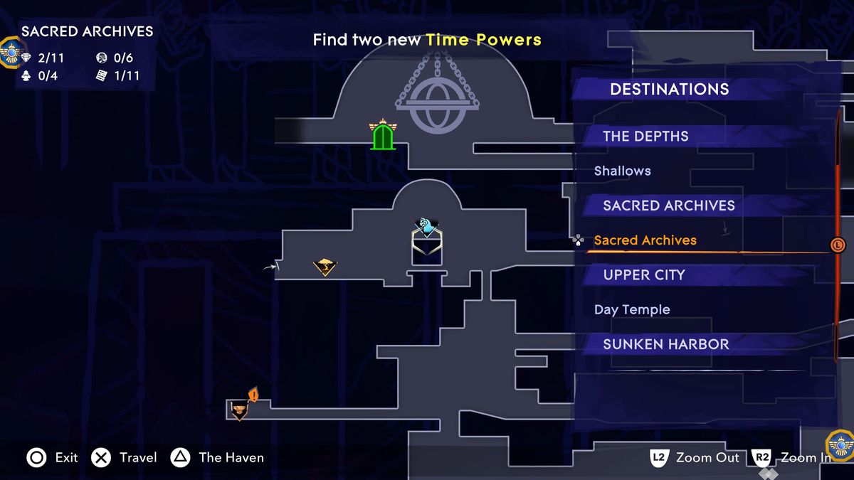 A map shows the location of the Sacred Archives fast travel spot in Prince of Persia The Lost Crown.