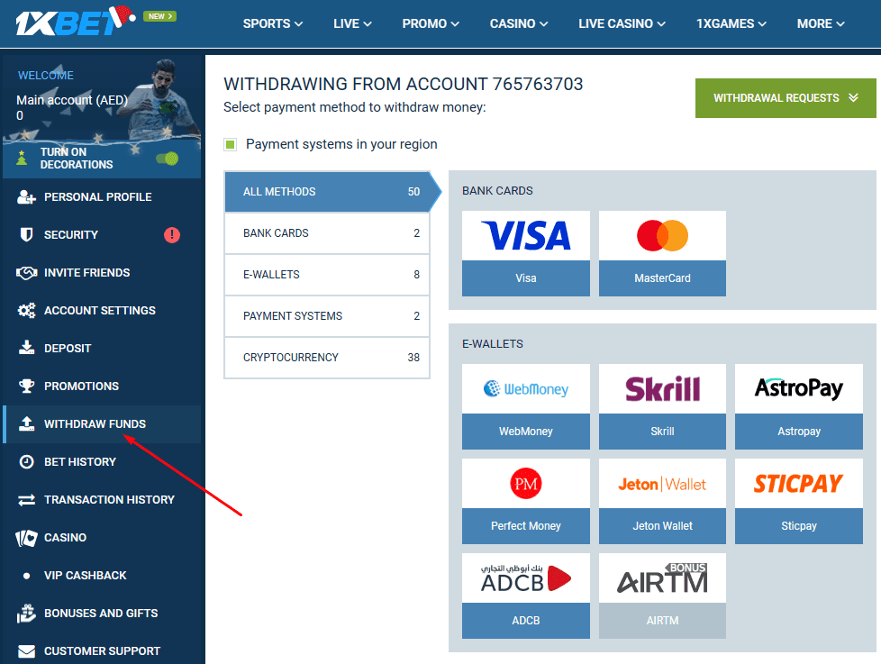 Withdraw funds on 1xBet