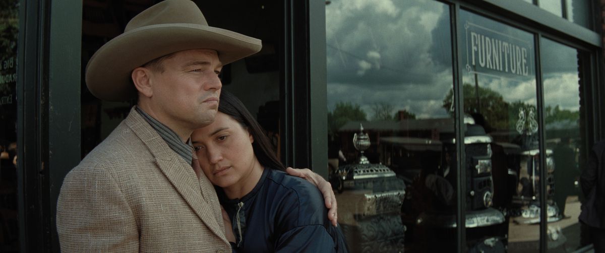 (L-R) Leonardo DiCaprio and Lily Gladstone in Killers of the Flower Moon.