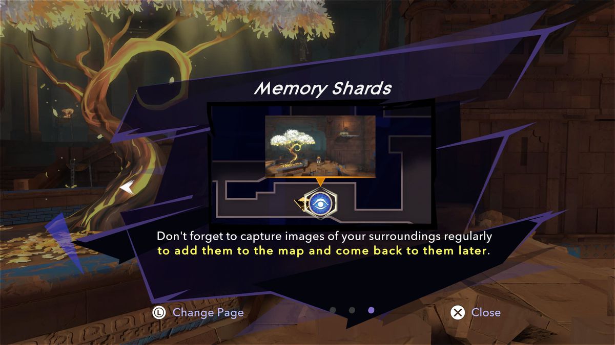 the memory shards tooltip in prince of persia: the lost crown. “Dont forget to capture images of yoru surroundigns reguarly to add them to the map and come back to them later.”