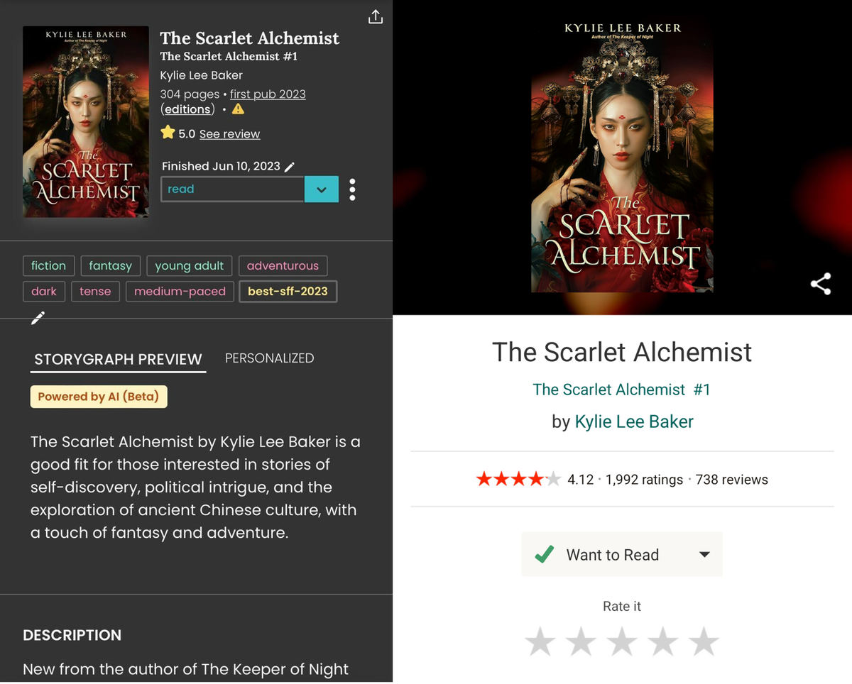 The left shows how Kylie Lee Baker’s The Scarlet Alchemist appears on StoryGraph, while the right shows the same book’s page on Goodreads.
