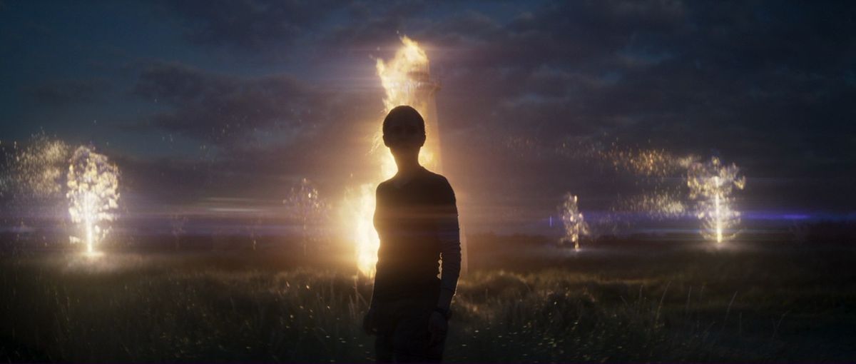The silhouette of a woman stands in front of a wild field of glowing trees on fire under a darkened sky.
