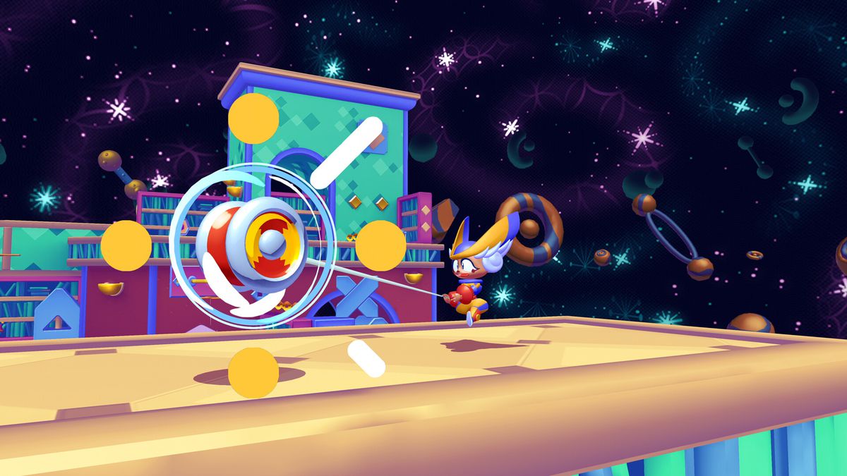 Penny launches Yo-Yo outward in a screenshot from Penny’s Big Breakaway