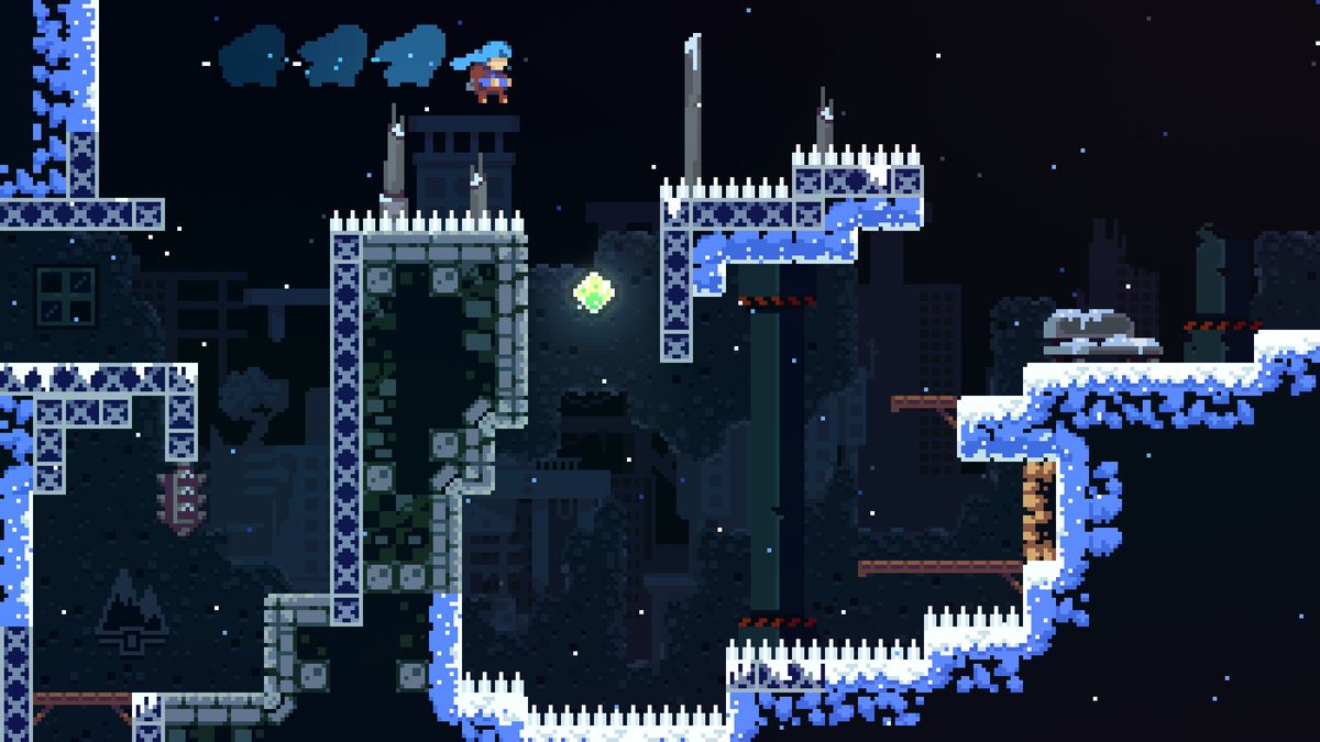 Madeline air-dashes over a spike-topped platform in a screenshot from Celeste