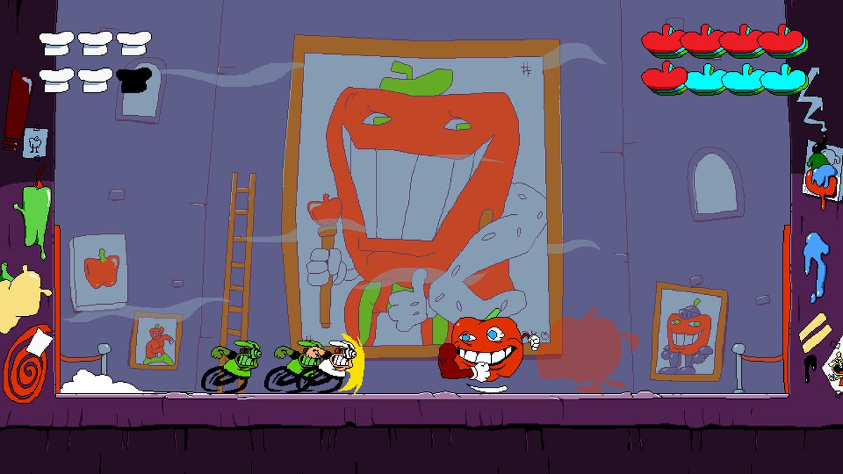 Peppino Spaghetti charges at a tomato boss in a screenshot from Pizza Tower