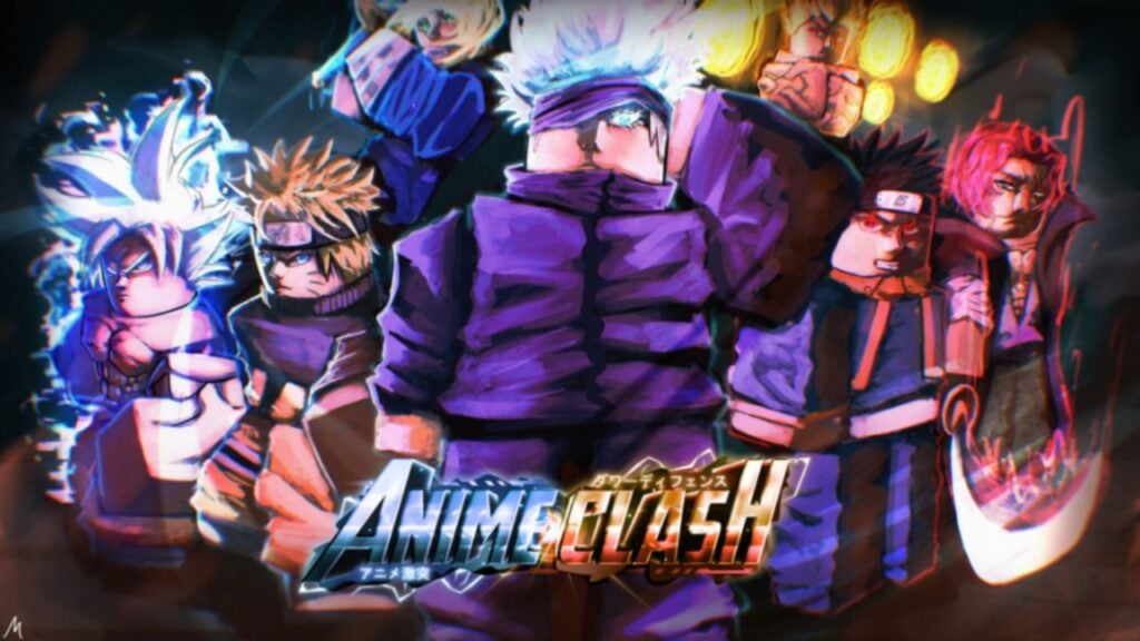 Feature image for our Anime Clash codes guide. It shows promotional art with blocky forms of Goku, Naruto, Gojo, and a host of other anime characters.
