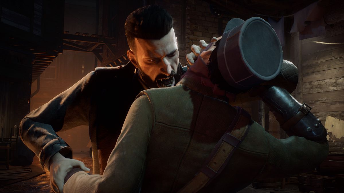 Dr. Jonathan Reid bears down to bite the neck of his victim in a screenshot of Vampyr.