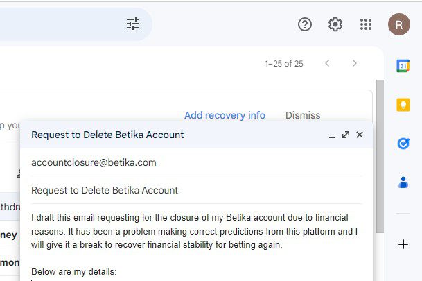 Drafted closure request on Betika