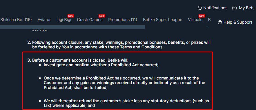 Account closure by Betika